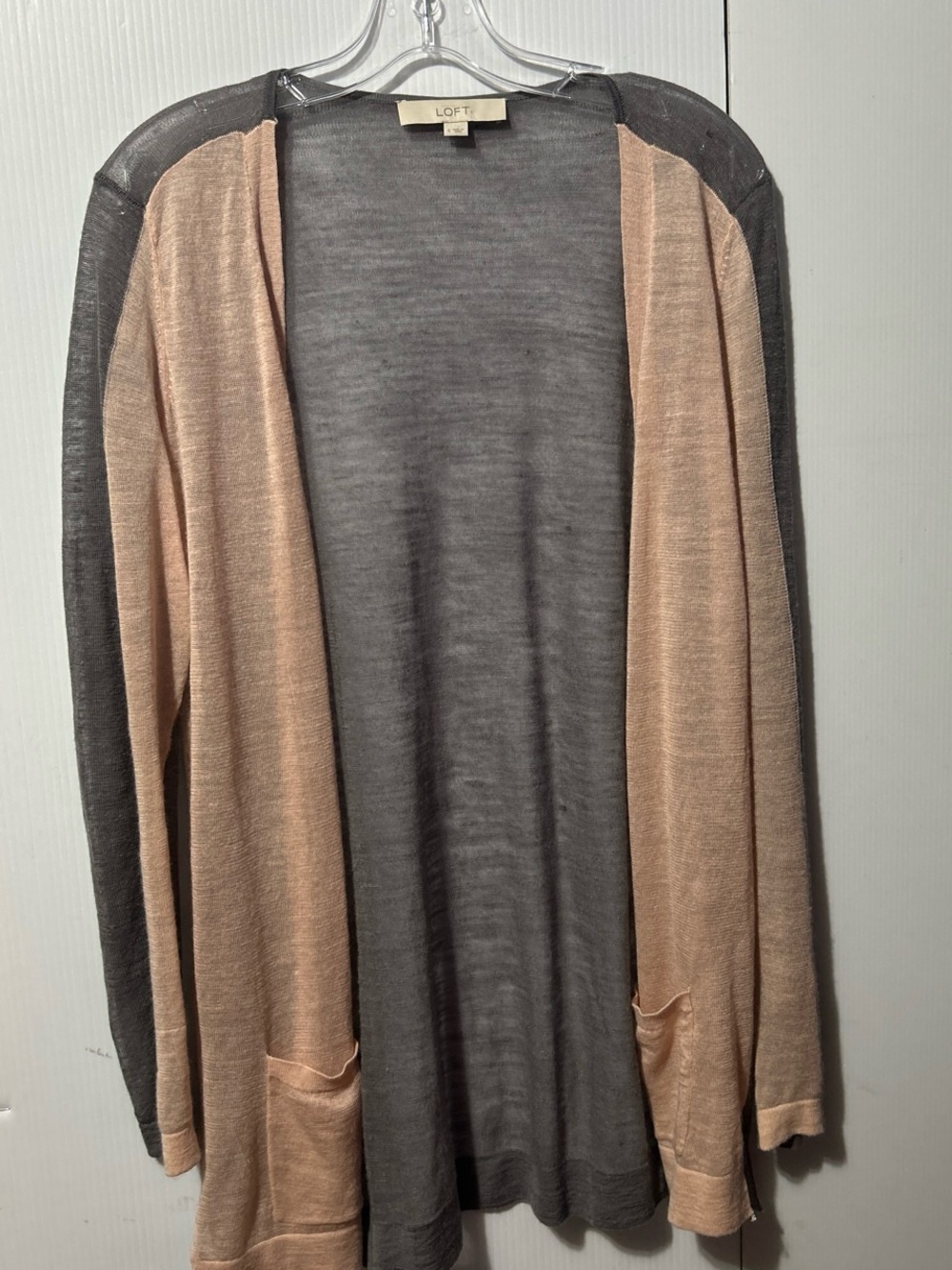 LOFT Two-Tone Open Front Cardigan in Blush and Gray